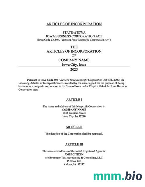 USA Iowa statut spółki Word i PDF szablon